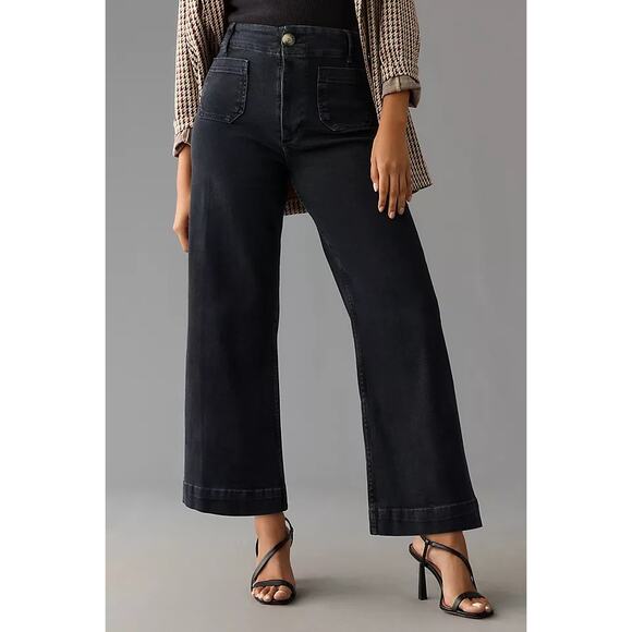 Maeve Black Basic Denim High Waisted The Colette Crop Wide Leg Pant Size 31 - Picture 1 of 13